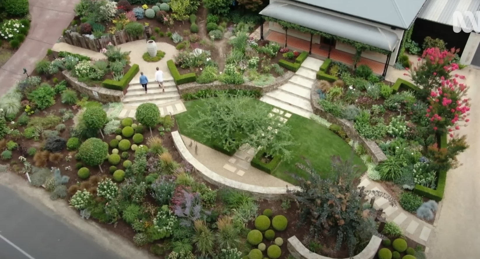 Artistic Garden with Sculptural Elements Artistic garden design featuring sculptural elements, curved lawn areas, and colorful perennial beds viewed from above