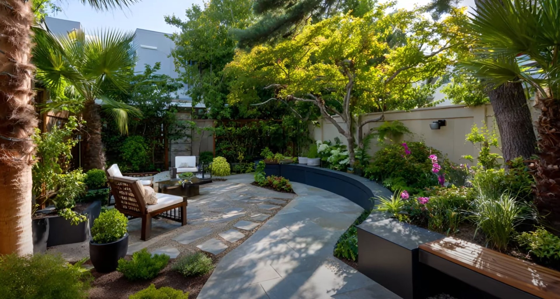 Contemporary backyard oasis featuring pool landscaping and entertainment areas Modern landscape design with curved pool area, outdoor seating, and lush tropical plantings