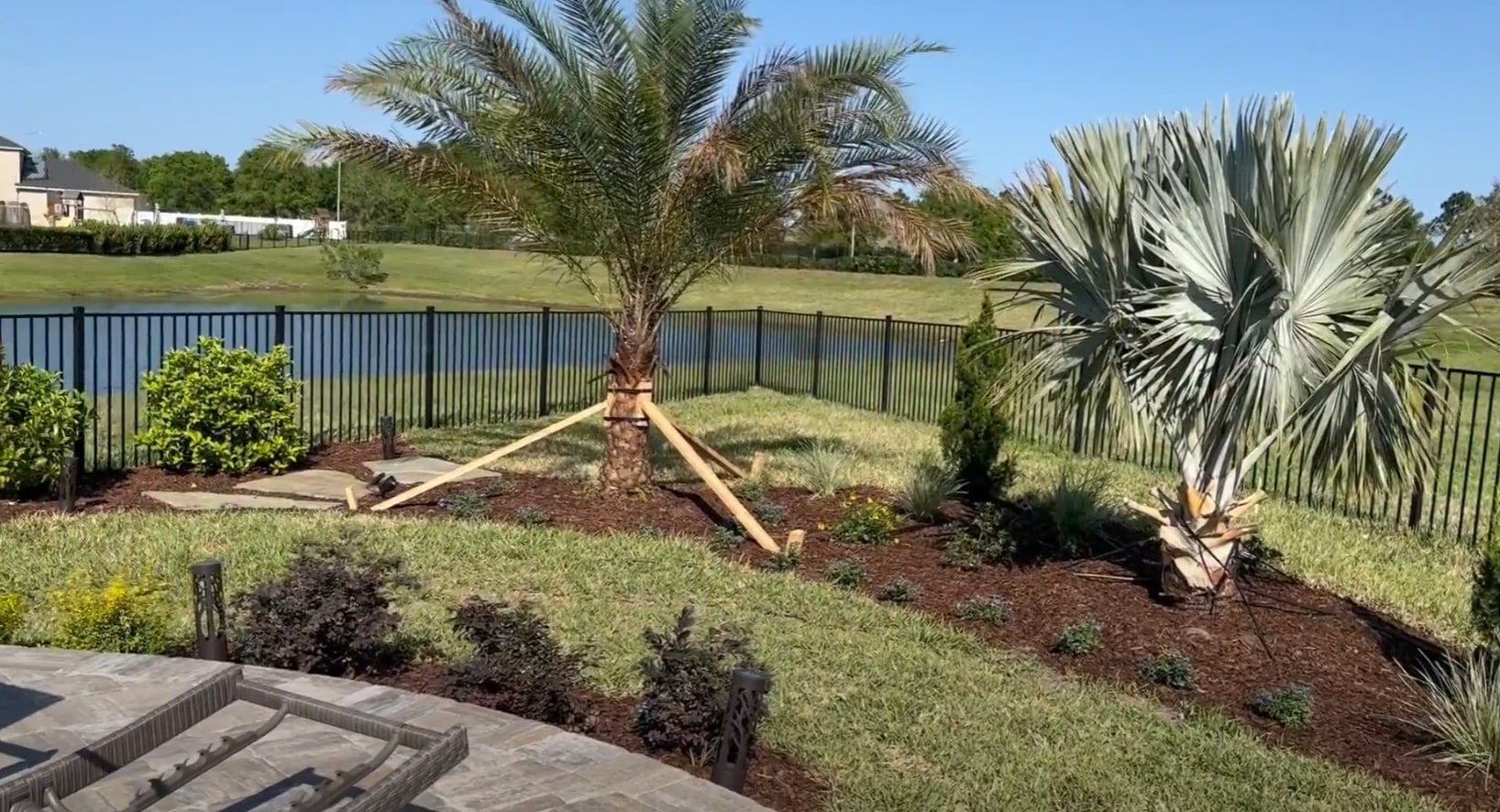 Tropical Plant Installation & Design Tropical landscape installation featuring palm trees and ornamental plants with professional mulching and irrigation systems